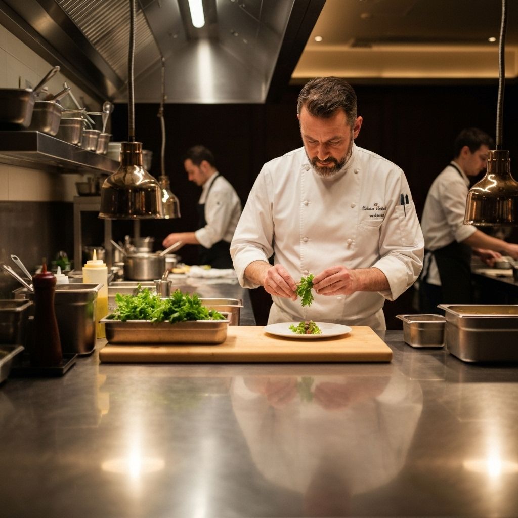 Professional chef in upscale restaurant kitchen